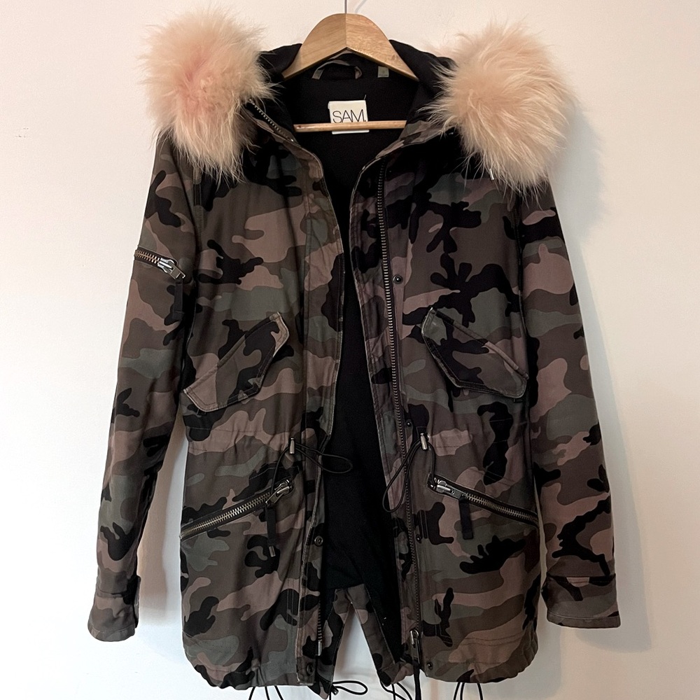 SAM. Camo lined Jacket with real Pink Fur Trim Hooded Womens Size Small